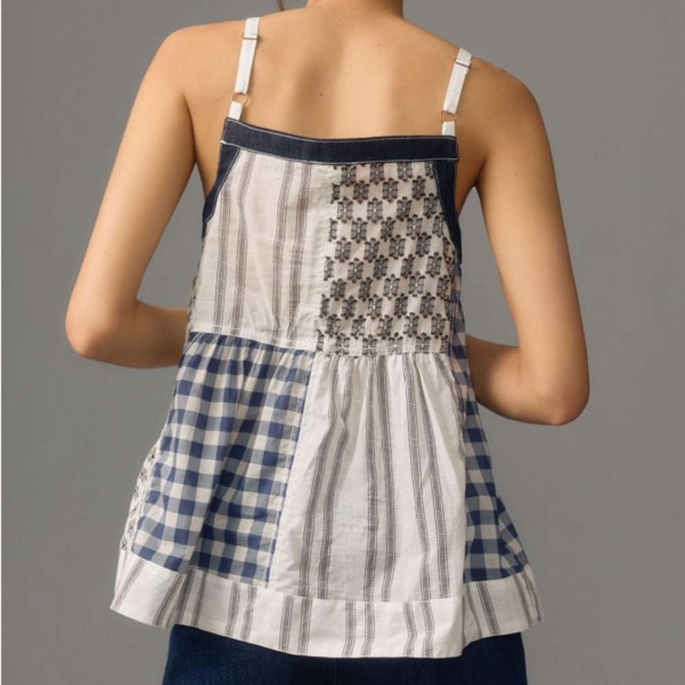 Anthropologie PILCRO Patchwork Button Front Cami Gingham Floral Boho Denim Trim - Picture 2 of 9